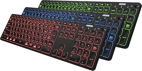 Arteck 7 Color Backlight Adjustable Brightness Multi-Device Wireless Bluetooth Full Size Keyboard for Windows, iOS, iPad OS, Android, Computer, Desktop, Laptop, Surface, Tablet, Smartphone