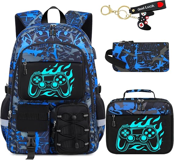 School Backpack for Boys - 4pcs Gamer Boys Backpack with Lunch Box Set for Kids Teens Elementary Middle High School,18 Large Capacity Students Bookbag with Usb Charging Port & Key-chain