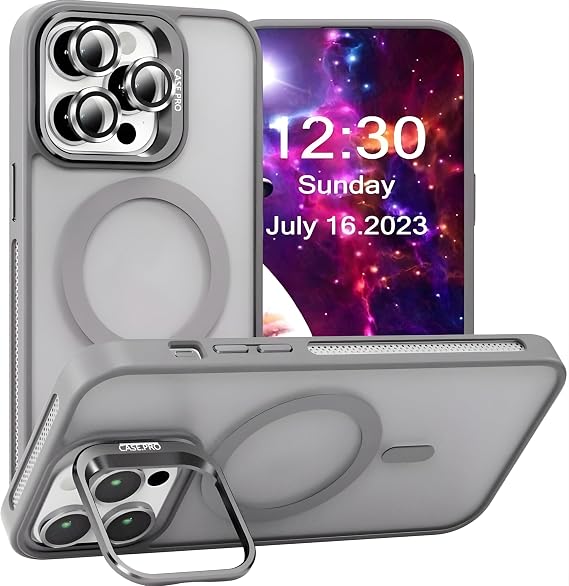 Ehr. iPhone 16 Pro Max ile Uyumlu Magsafe Wireless Şarj Özellikli Kamera Standlı Lüks Mat Silikon Kılıf [Lens Koruyucu Hediyeli] (Gri, iPhone 16 Pro Max)