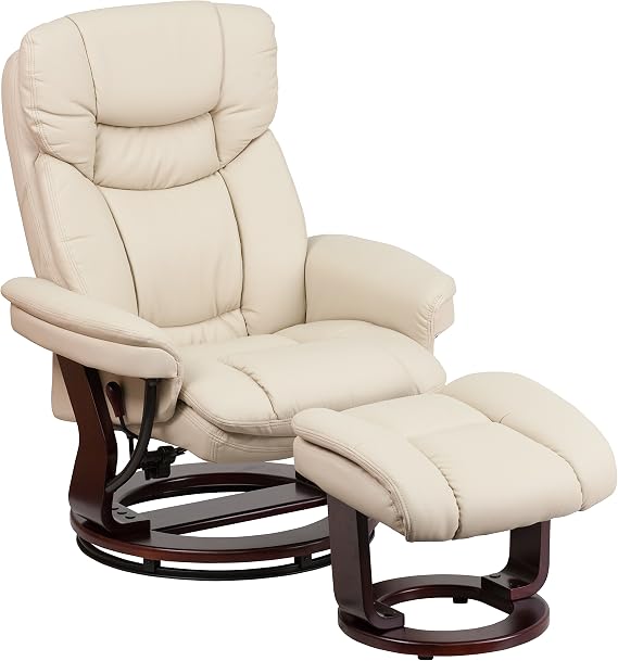 Flash Furniture Allie LeatherSoft Upholstered Recliner with Ottoman Footrest, Padded Swiveling Recliner Chair and Ottoman Set, Beige