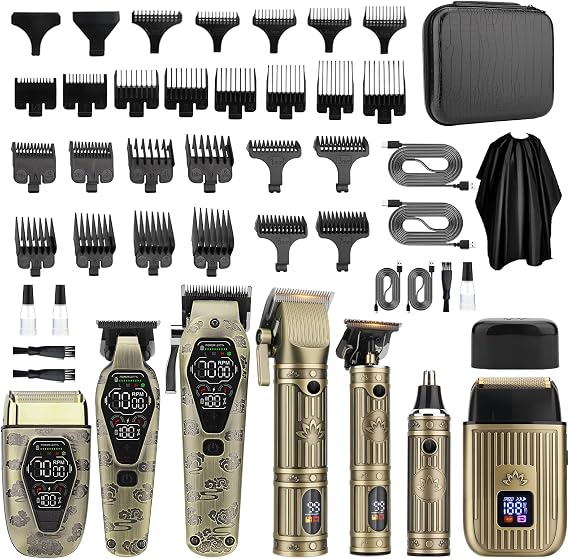 Bomxin Professional Hair Clippers for Men T-Blade Barber Clippers and Trimmer Set Nose Hair Trimmer Foil Shavers for Men Clippers for Hair Cutting, LCD Display