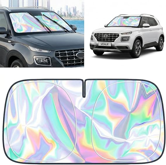 Hyundai Venue 2020-2026 フロントガラスサンシェード - 折りたたみ式フロントガラスカバーサンシェード 会場アクセサリー用 太陽光線の重なりから車を守る UV反射ウィンドウサンシェード