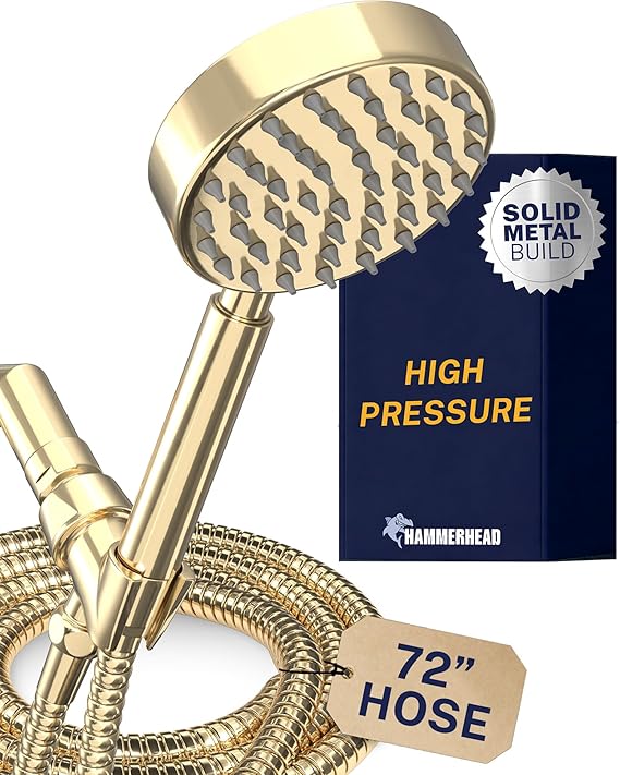 HammerHead Showers Solid Metal Handheld Shower Head with Hose and Brass Holder - POLISHED BRASS - 2.5 GPM High Pressure Shower Heads with Adjustable Shower Wand Bracket - 6ft Flexible Extension
