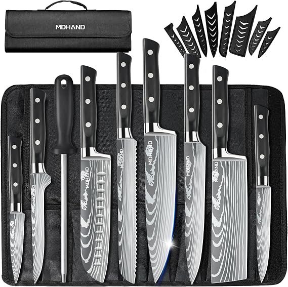 MDHAND Chef Knife Set with Roll Bag, Professional Knife Set with Sharpener