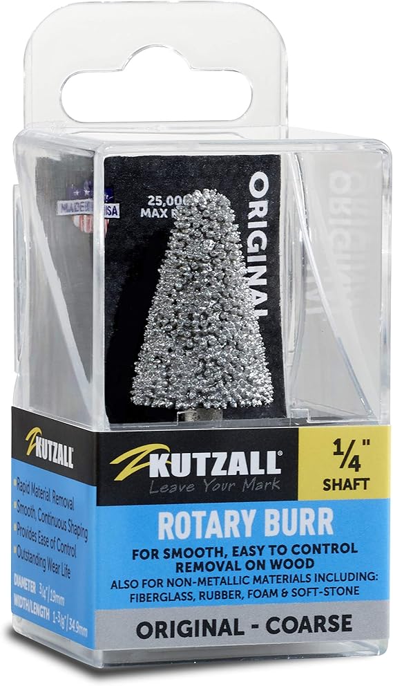 Kutzall Original Taper Burr, 14" Shaft, Coarse - Wood Carving Bit for Bosch, DeWalt, Milwaukee. Abrasive Tungsten Carbide, 34" (19mm) Head Dia. X 1-14" (31.8mm) Length, T-34