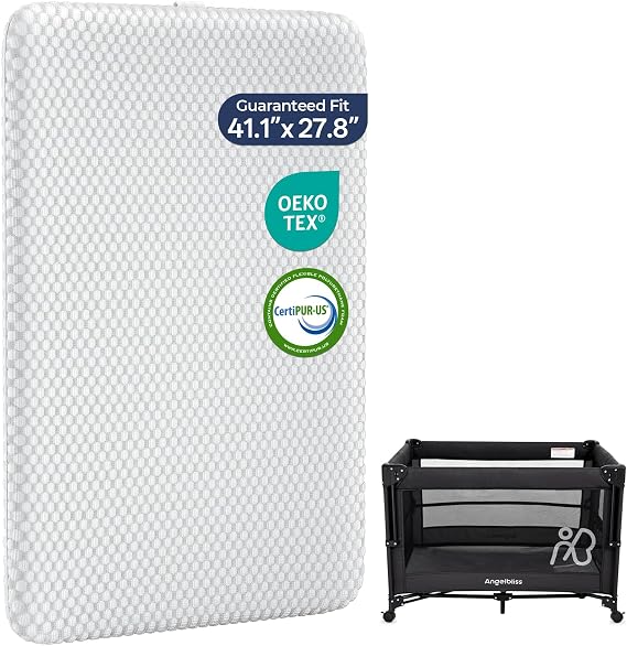 ANGELBLISS One-Push Baby Pack and Play Bundle with Custom-Fit Mattress Includes Portable Travel Crib Playard with Diaper Changer & 1.5" Dual-Sided Breathable Mattress Pad