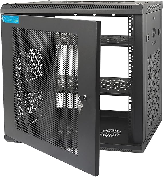 12U Wall Mount Server Cabinet with A Lockable Front Vented Door, Cooling Fans, Removable Side Panels - 45cm Depth, 19 Network Rack Including 2 PCS Full-Size Rack Shelves for IT Equipment