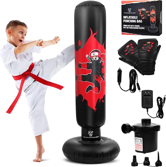 THB Inflatable Punching Bag for Kids, 63" Freestanding Ninja Boxing Bag Including Electric Air Pump with Gloves for Practicing Karate, Taekwondo, MMA