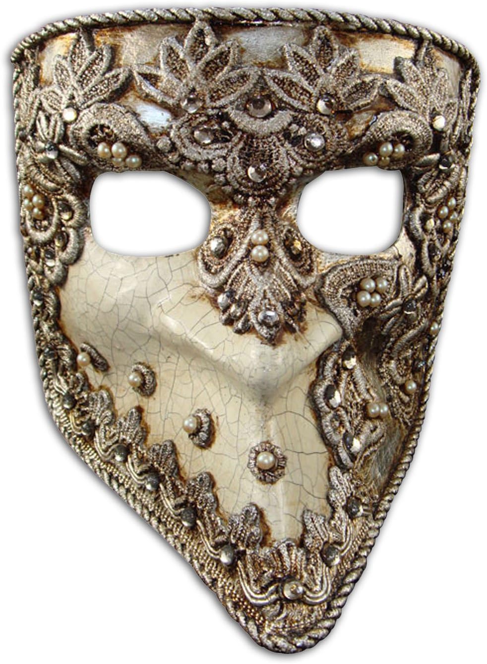 Luxury Venetian Full Face Mask Bauta Mac Craquele with Macrame and Swarovski Crystals for Men