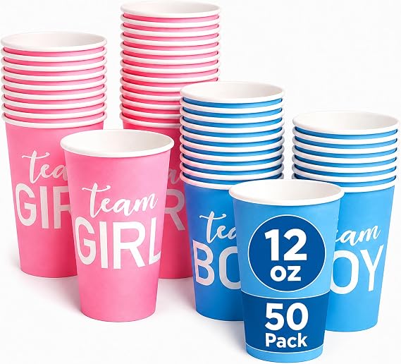 BLUE PANDA 12 oz Gender Reveal Paper Cups | Team Boy Team Girl Disposable Drinking Cups for Baby Shower Party Supplies and Decorations | 50-Pack Pink and Blue Festive Party Tableware