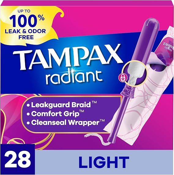 Tampax Radiant Tampons Light Absorbency with BPA-Free Plastic Applicator and LeakGuard Braid, Unscented, 28 Count, Packaging May Vary