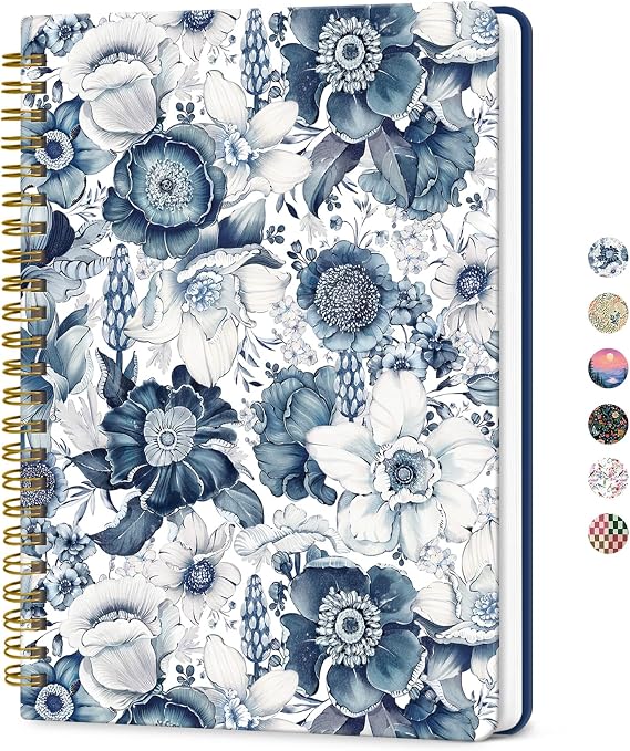 ZOTIA Lined Spiral Journal for Women, A5 Cute Hardcover College Ruled Notebook for Work, School & Note Taking, Aesthetic Writing Journal, 140 Pages (5.8" x 8.3"), Blue Floral