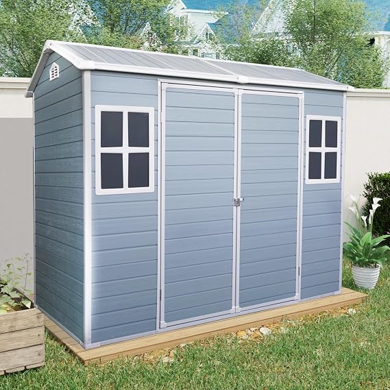Resin Outdoor Storage Shed with Floor, All-Weather Outdoor Shed with Lockable Door, Window & Sloped Roof, Double Window, Plastic Outside Tool Storage for Garden, Backyard, Patio, Lawn (Grey, 48FT)