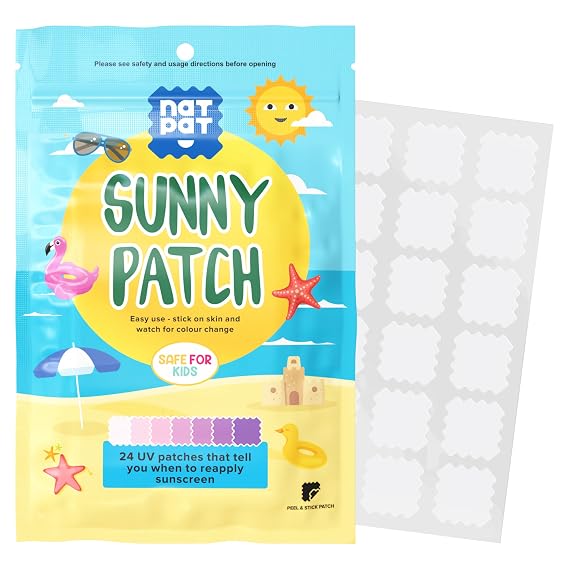 NATPAT Sunny Patch UV Detection Stickers Sunburn Prevention for Kids and Adults - Natural Waterproof Patches, Changes Color When Time To Reapply Your SunScreen - BuzzPatch (24 Pack)