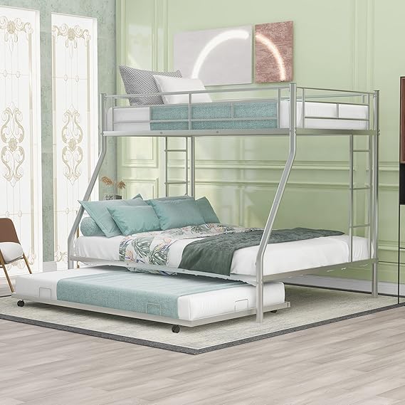 Twin Over Full Bunk Beds with Trundle, Metal Trundle Bed Frame with Safety Rails and Ladder for Bedroom, Silver