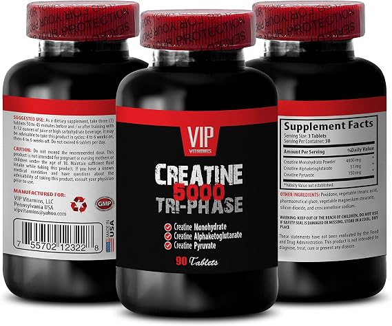 VIP VITAMINS Muscle gain Supplements for Men - CREATINE TRI-Phase 5000 - creatine hcl - 1 Bottle (90 Tablets)