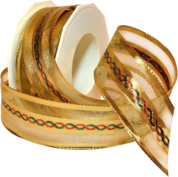 Morex Ribbon 17340/20-4 Petersburg French Wired Metallic Sheer Ribbon, 1-1/2-Inch by 22-Yard Spool, Gold Helix