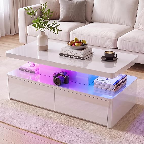 MXV 40" LED Coffee Table, Modern High Gloss Living Room Table with 60,000 Rich Colors & 47 Lighting Modes, 2 Large Drawers & Open Storage Shelf, Smart Remote Control Center Table, White