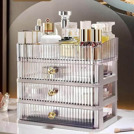 Clear Makeup Organizer with 3 Drawers, Bathroom Organizer and Storage, Ideal for Desk and Dresser Vanity Countertop, Great for Cosmetics, Skincare, Perfume,Toiletry