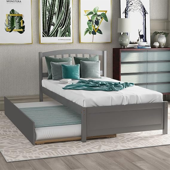 Twin Bed with Trundle Wooden Platform Bed Frame with Headboard Solid Wood Captain Beds for Boys Girls Kids Teens, No Box Spring Needed, Gray