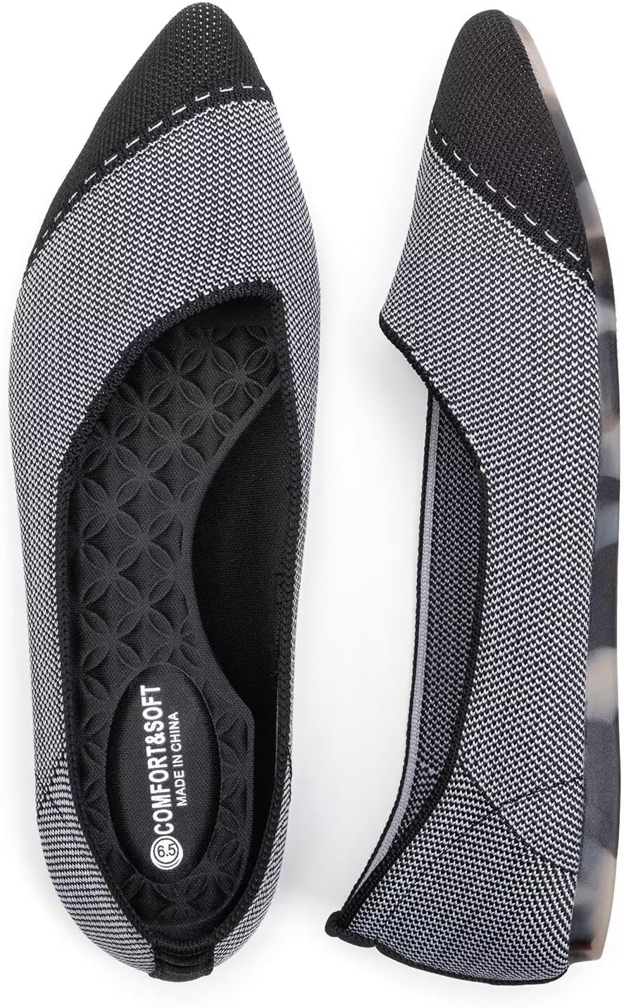 BEJINASH Womens Flats Black Pointed Toe Dress Shoes Knit Comfortable Flat Shoes for Woman Lightweight
