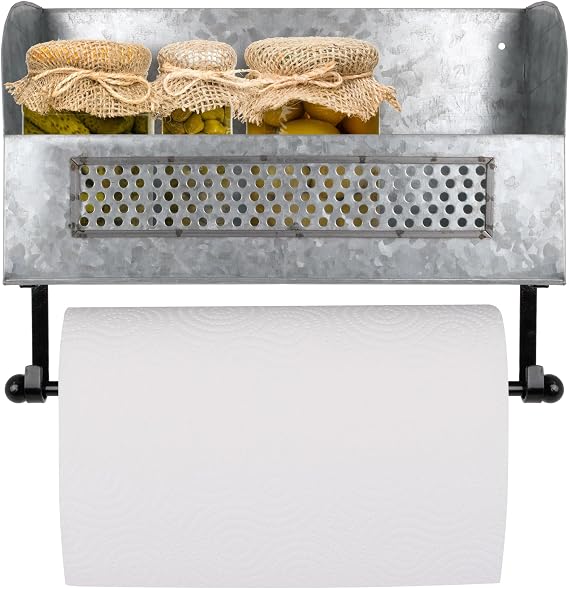 Autumn Alley Farmhouse Paper Towel Holder with Shelf - Wall Mount Paper Towel Holders - Rustic Paper Towel Holder - Farmhouse Towel Racks for Bathroom and Kitchen Wall Decor, Galvanized Grey