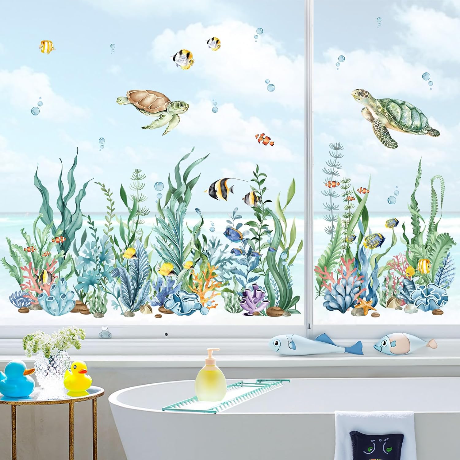 Decalmile Summer Under The Sea Seaweed Double Sided Window Clings Ocean Grass Turtle Fish Decals Anti-Collision Glass Stickers