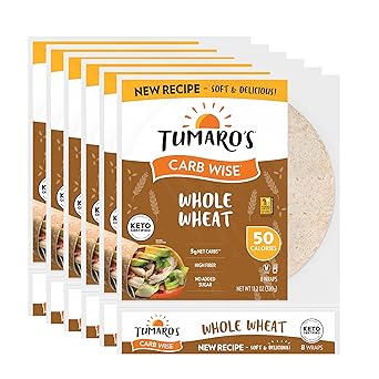 Tumaro's Whole Wheat Carb Wise Wraps - Low Carb - Keto Certified Sandwich & Burrito Tortillas - Healthy Vegan Alternative - 8 Count (Pack of 6)