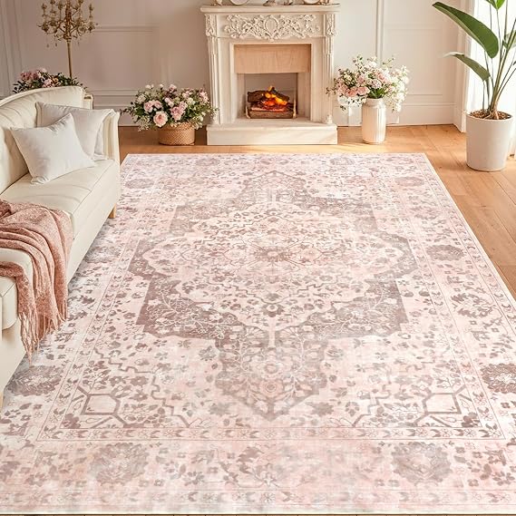 Vintage Area Rug for Living Room 200x290cm, Pink Boho Machine Washable Rugs for Bedroom, Soft Short Pile Non Slip Classic Carpet for Dining Room Office Kitchen Nursery