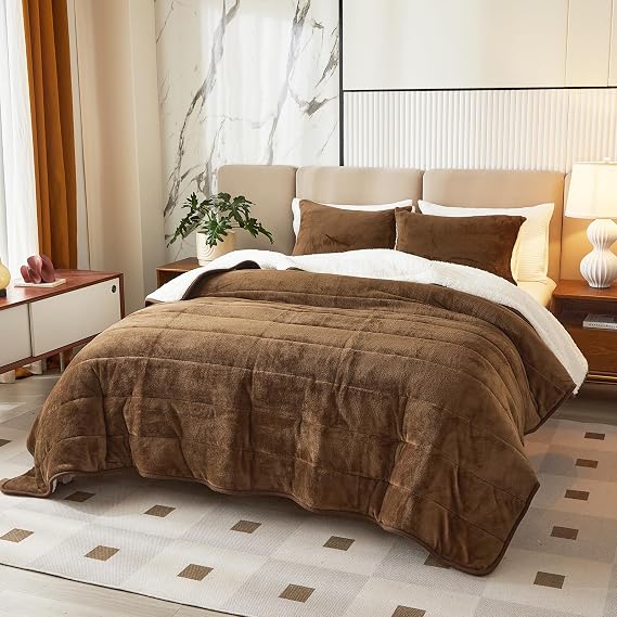 3-Layer Luxury Flannel Fleece Thick Bed Blanket Twin Size, Soft Plush Velvet Sherpa Blanket with 2 Pillow Shams Heavy Warm for Winter, Breathable n Washable, Brown