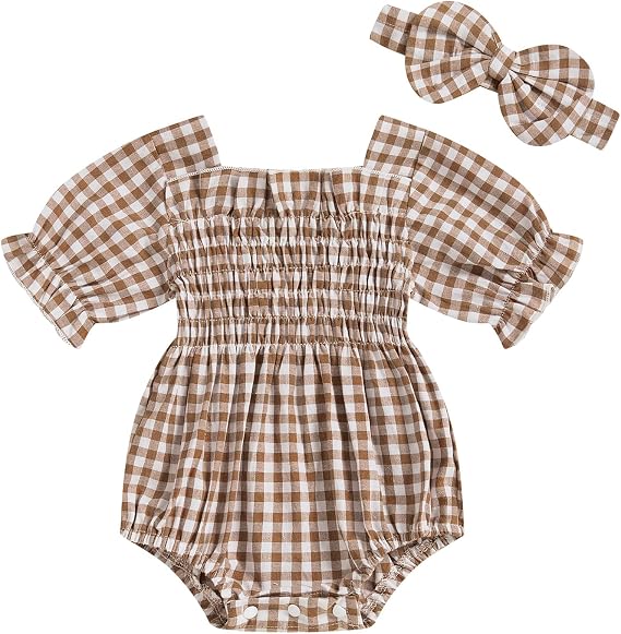 Infant Baby Girls Romper Ruffle Sleeve Pleated Smocked Bubble Plaid One Piece Ruched Jumpsuit Summer Bodysuit
