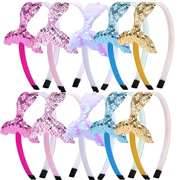 10 PCS Mermaid Headband Glitter Sequins Hair Bands with Teeth Reversible Fish Tail with Pearl Women Girls Hair Accessories Birthday Headdress Decoration Supplies Present for Toddlers Kids Children