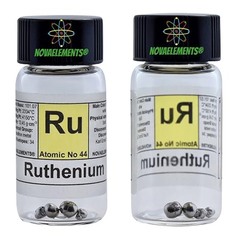 Ruthenium Metallic Element 44 Ru, Pure Sample 0.5 Grams 99.99% in Glass Vial with Label