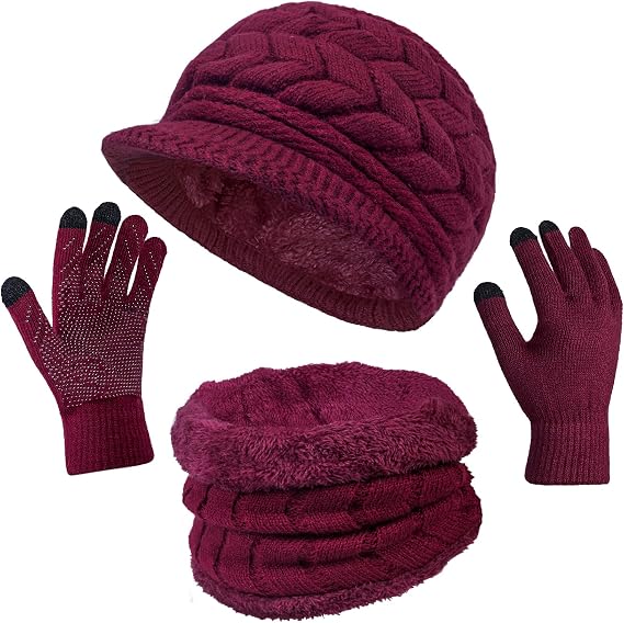 Loritta 3 in 1 Womens Winter Hat Gloves Scarf Set, Warm Hat Mittens