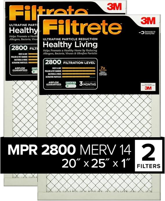 Filtrete 20x25x1 Air Filter MERV 14, MPR 2800 Healthy Living Ultrafine Particle 2-Pack, AC Furnace HVAC Filters for Home, 3-Month Pleated Electrostatic (Actual Size 19.69 x 24.69 x 0.81 in)