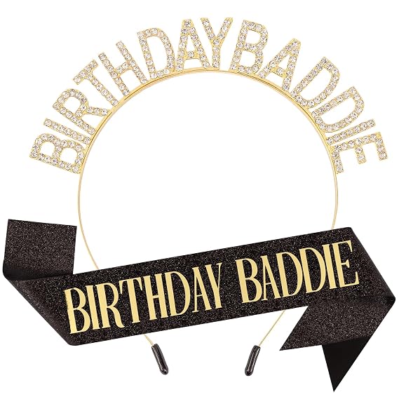 Canitor Birthday Baddie Sash Crown Set Birthday Gifts Party Favors Supplies Decorations & Accessories for Women Girl Adult Dress Outfits Rhinestone Tiara Headband Soft Satin Sash