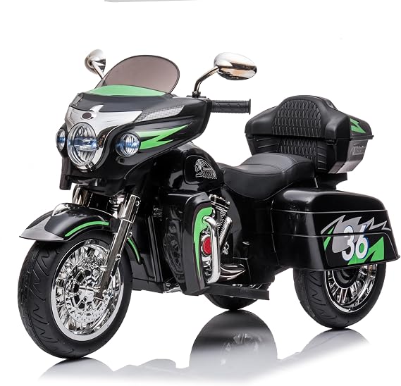 Kids Motorcycle,Ride on Motorcycle, Motorbike for Kids with Key Start /3 Wheels Headlight/Storage Box/Two Motor/Two seat (Black)