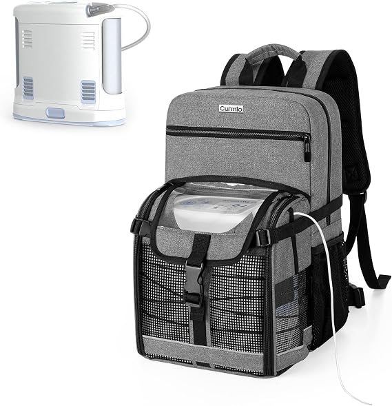 CURMIO Travel Backpack Compatible with Inogen, OxyGo and Caire Units, Portable Oxygen Concentrator Bag with Storage Compartment, Gray (Bag Only, Patent Pending)