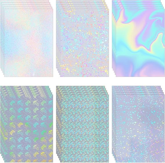 30 Pcs 6 Styles Holographic Laminate Sheets Transparent Holographic Overlay Paper Vinyl Overlay Clear Adhesive Laminated Film Glossy Craft Sheet for Stickers, A4 Size, 8.3 x 11.7 Inches