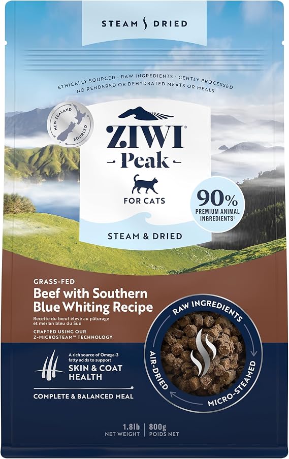 ZIWI Peak Steam & Dried Cat Food Beef w/Southern Blue Whiting Fish - High Protein, Skin & Coat Health, Low Carb, for All Life Stages (28.8oz)