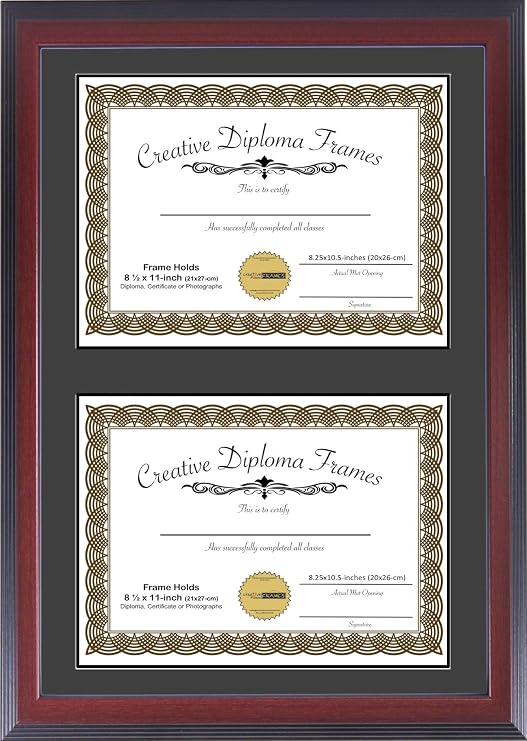 Creative Picture Frames 14"x20" Mahogany Finish Double Diploma Frame with Black Matting Holds Two 8.5 x 11 -inch Media and Installed Wall Hangers