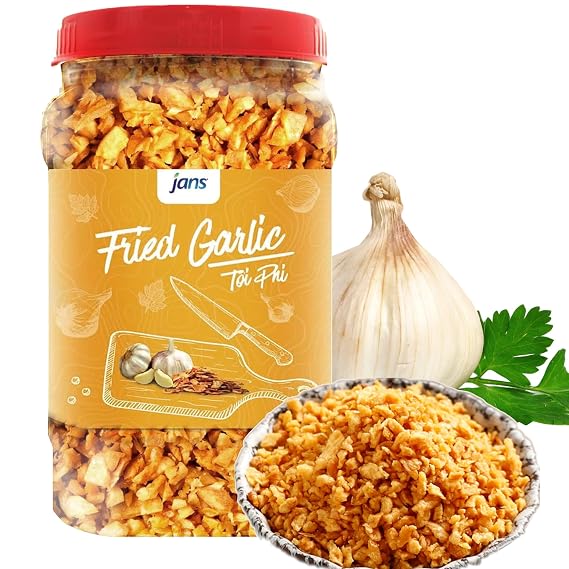Jans Crispy Fried Garlic, Large 8 oz, Crunchy Asian Garlic Chips & Flakes | Savory Food Condiment, Garnishing & Seasoning Topping For Noodles, Soup, Rice & Salad, Authentic Indonesian Style Jar