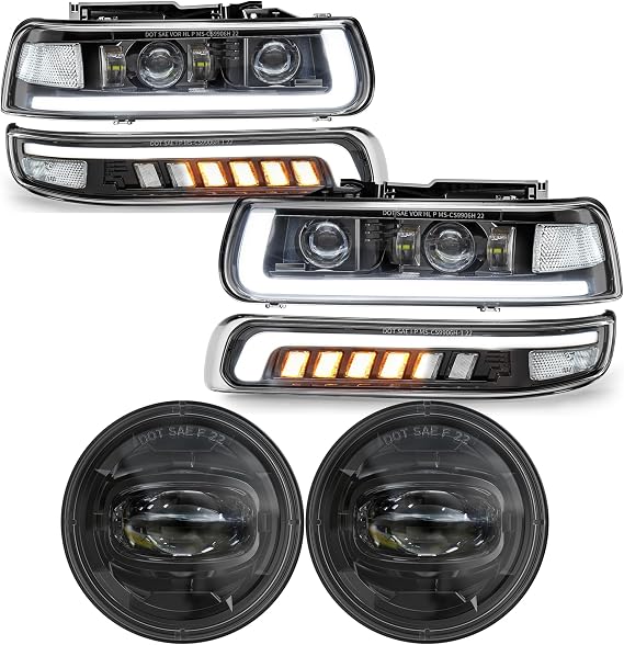 RAMJET4X4 Upgraded LED Headlights and Fog Lights Assembly with Bulbs Compatible with 2001-2006 Chevy Tahoe Z71, 2001-2006 Suburban 1500 Z71