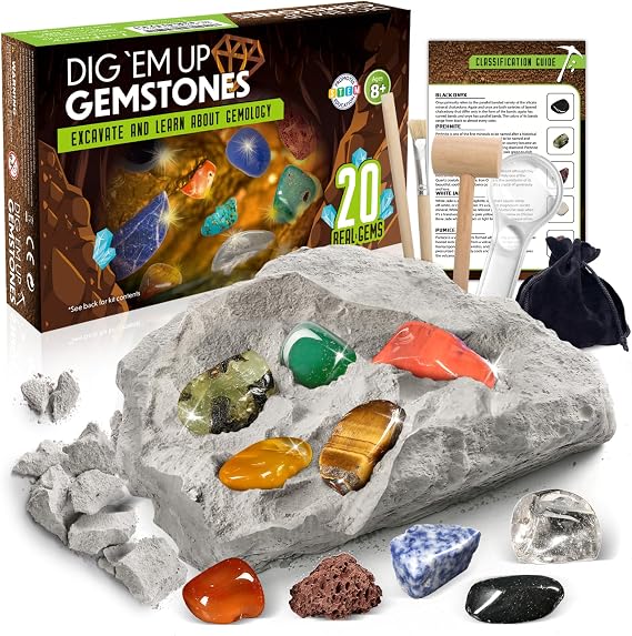 LotFancy Gemstone Dig Kit for Kids, 20 Real Gems, Science Excavation Gift | Rocks Stones Collection,Ages 8-12 Fit,STEM Classroom Learning Activity,Birthday Gift for Boys Girls,Geology Discovery Toy