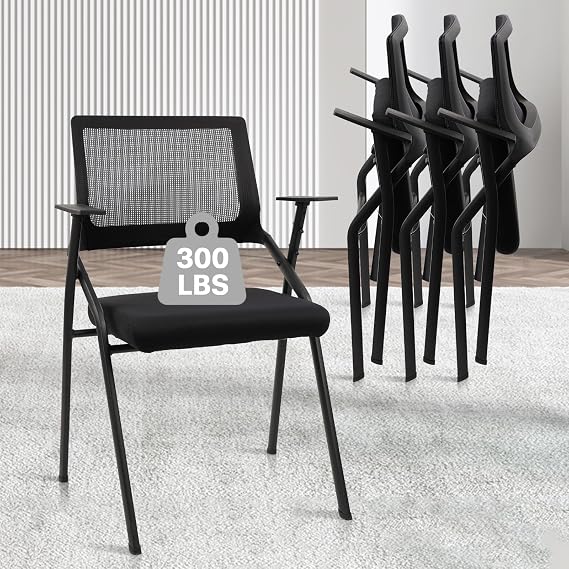 CLATINA Stackable & Foldable Office Chairs with Ergonomic Lumbar Support and Thickened Seat Cushion, Folding Mesh Fabric Reception Guest Chair for School Church Lobby Conference Room, Black (4pk)