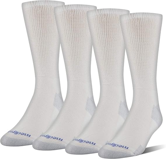 MediPeds unisex-adult Crew Socks With Non-Binding Top, Cushion, and Blister-Resistant, 4-pairs, White/Grey (4-pairs), Shoe Size: Men's 12-15