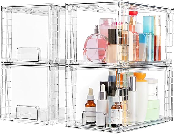 Vtopmart 4 Pack Stackable Storage Drawers,Clear Acrylic Drawer Organizers with Handles, Easily Assemble for Bathroom,Kitchen Undersink,Cabinet,Closet,Makeup,Pantry organization and Storage