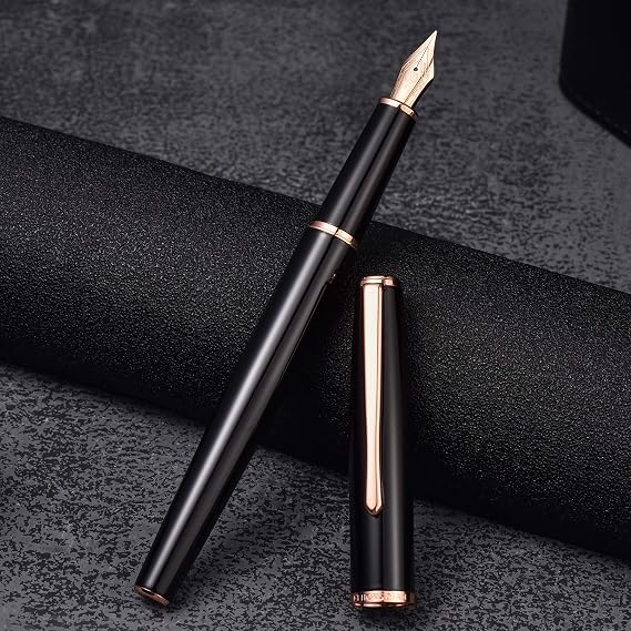 Hongdian 920 Black Metal Fountain Pen, Rose Gold Plated Medium Nib Smooth Writing Pen, Classic Pen with Ink Converter