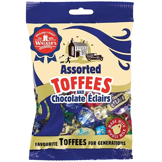 Walkers' Nonsuch Assorted Toffees & Chocolate Eclairs | Contains English Creamy, Milk & Dark Chocolate Covered, Banana Split & Milk Toffees | Traditional British Candy | 5.29 Oz (150g)