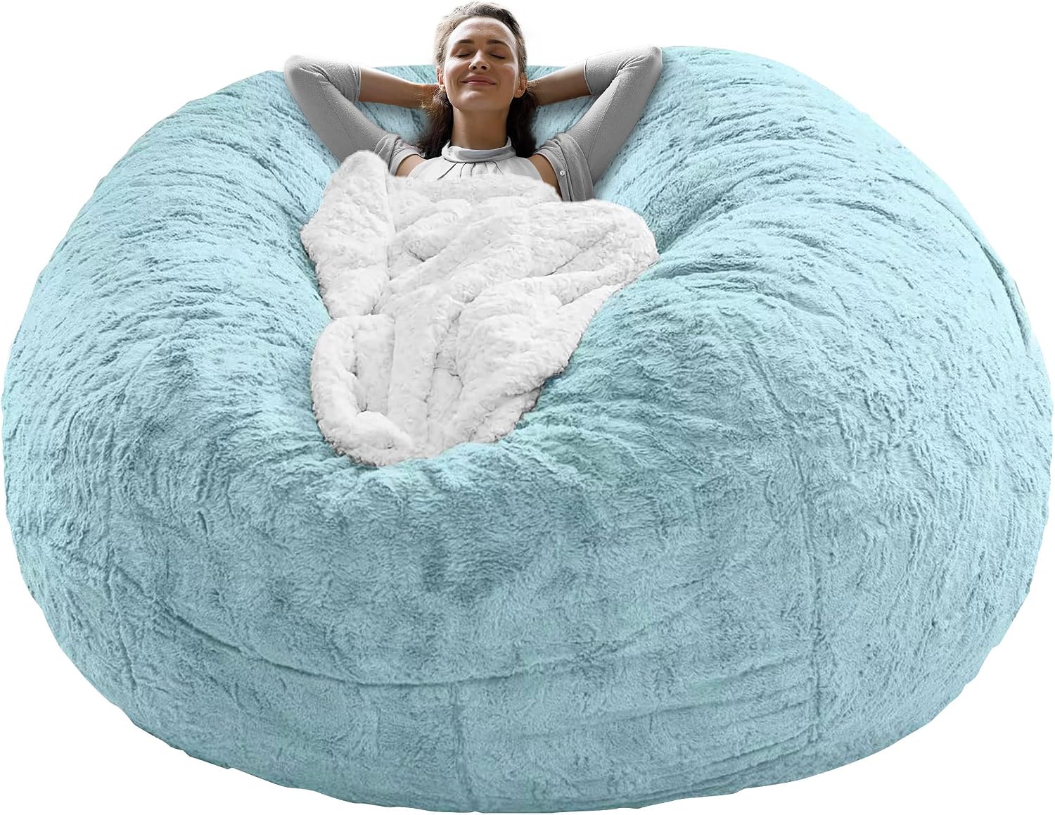RAINBEAN Bean Bag Chair Coverit was only a Cover, not a Full Bean Bag Chair Cushion, Big Round Soft Fluffy PV Velvet Sofa Bed Cover, Living Room Furniture, Lazy Sofa Bed Cover,5ft Light Blue